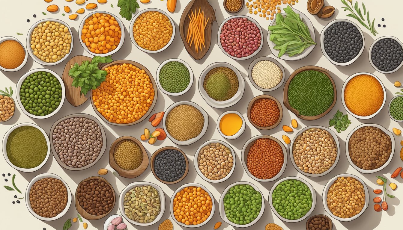 A colorful array of lentils arranged in a circular pattern, surrounded by various ingredients commonly used in hearty lentil-based meals