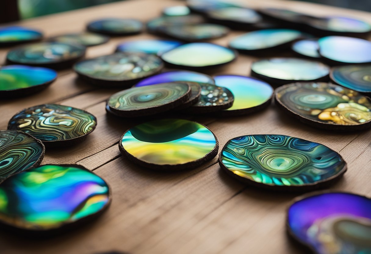 A collection of colorful paua shell coasters arranged on a wooden table with a backdrop of Rotorua's natural scenery