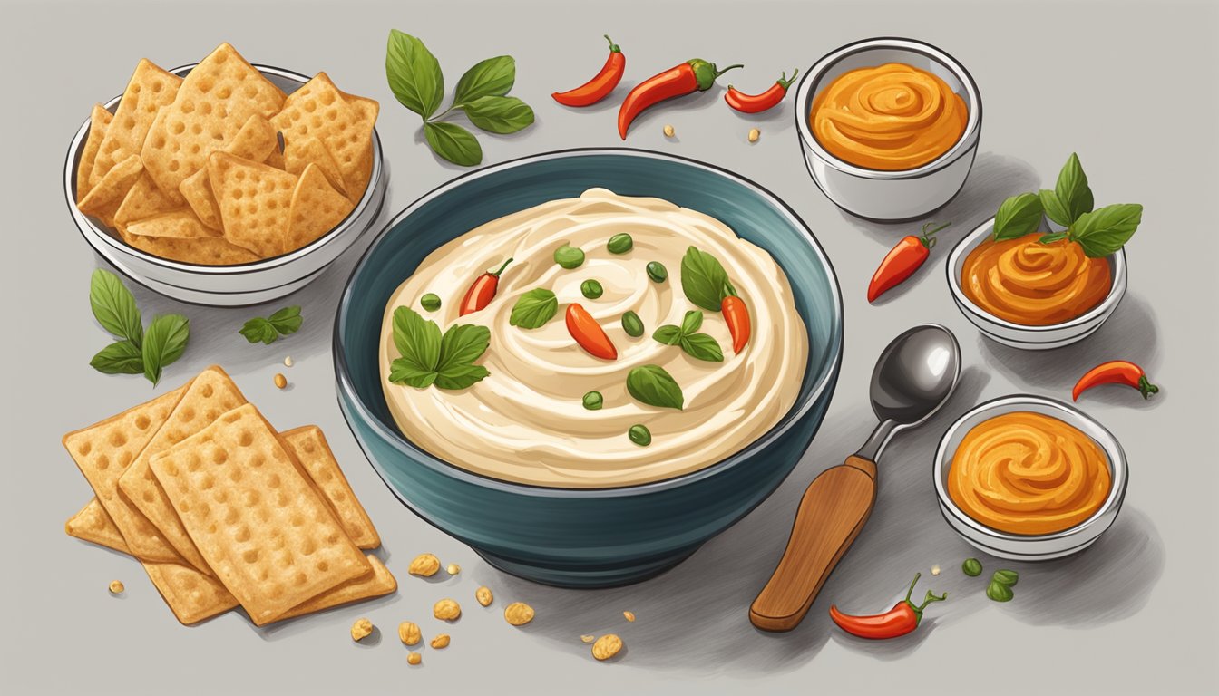 A bowl of spicy yogurt hummus surrounded by various snack ingredients and a spoon for mixing