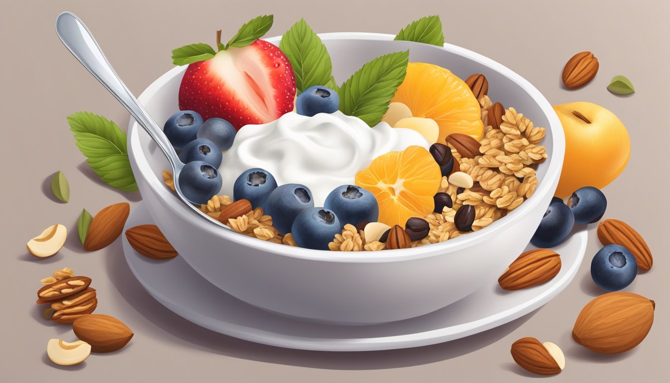 A bowl of Greek yogurt surrounded by various fruits, nuts, and granola, with a spoon resting on the side