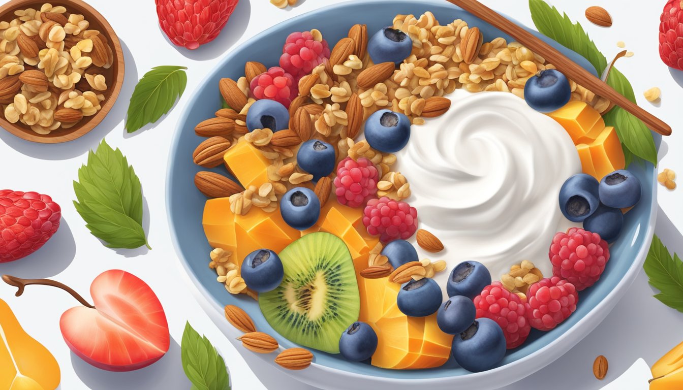 A colorful array of fruits, nuts, and granola arranged around a bowl of Greek yogurt, with a spoon nearby for mixing