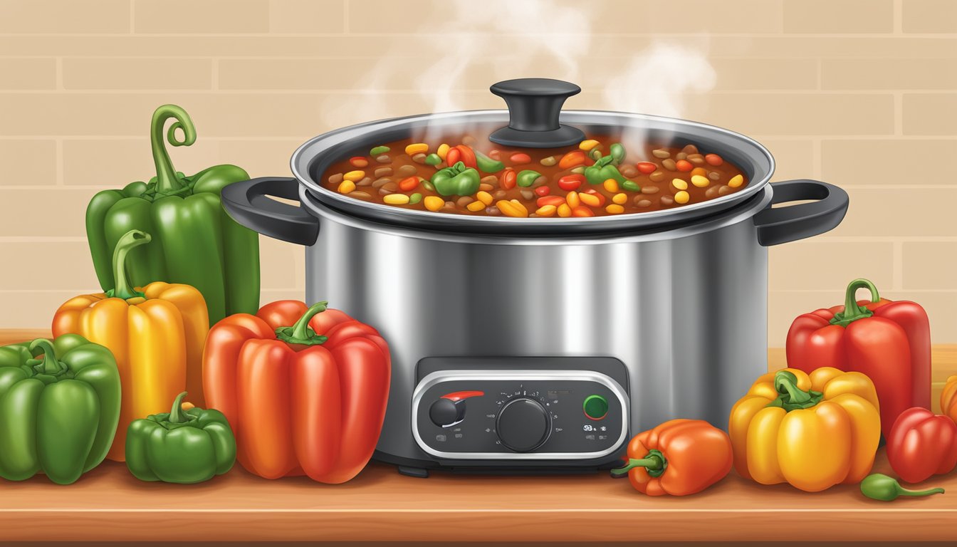 A steaming pot of bell pepper and bean chili simmering on a stovetop, surrounded by colorful bell peppers, tomatoes, and spices