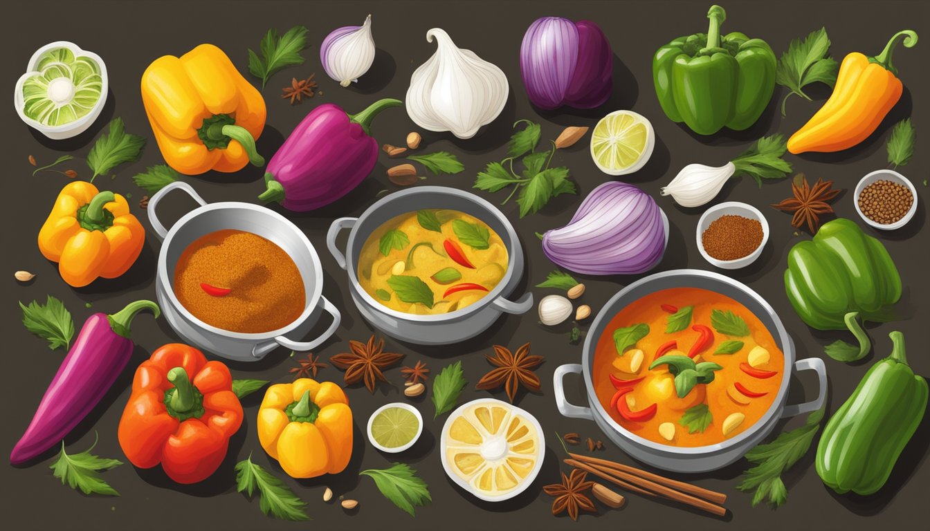 A colorful array of bell peppers, onions, and spices simmering in a fragrant curry sauce in a traditional Thai kitchen