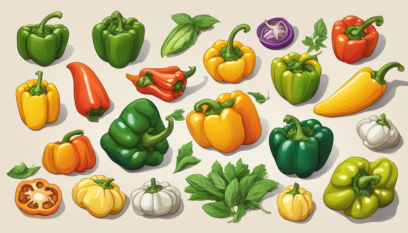 A colorful array of bell peppers in various shapes and sizes, surrounded by vibrant herbs and spices, with a variety of dishes showcasing their nutritional benefits