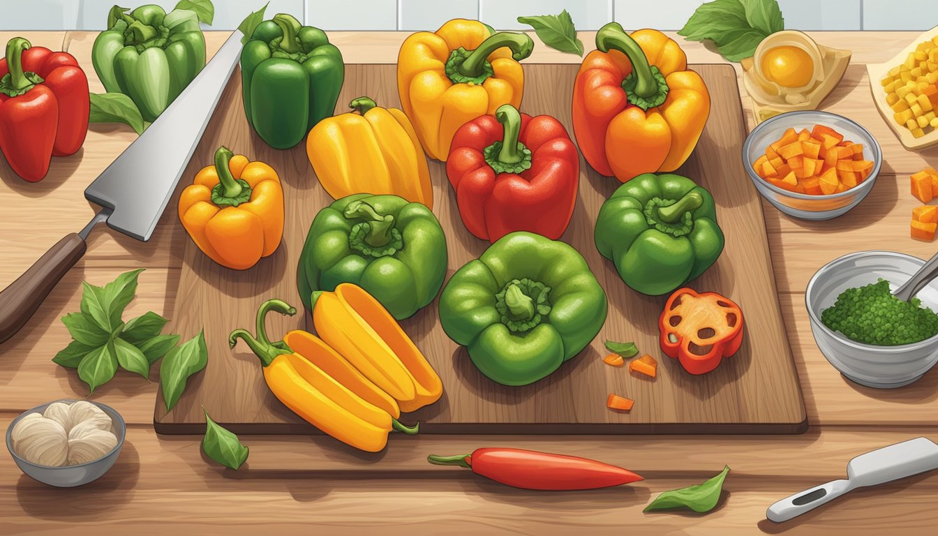 A colorful array of bell peppers being sliced, diced, and roasted on a cutting board, surrounded by various kitchen utensils and ingredients