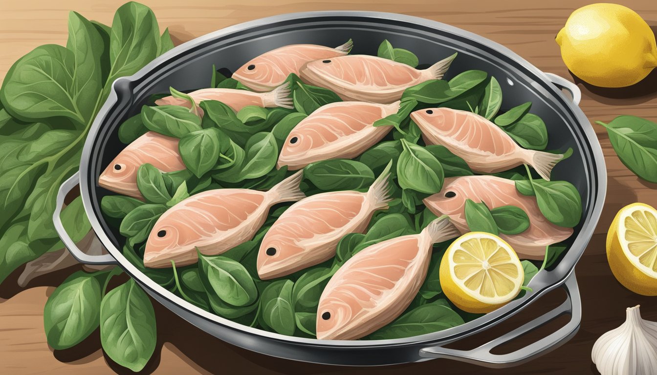 A can of tuna surrounded by fresh lemons, garlic cloves, and a bunch of spinach. A skillet sizzling on the stove