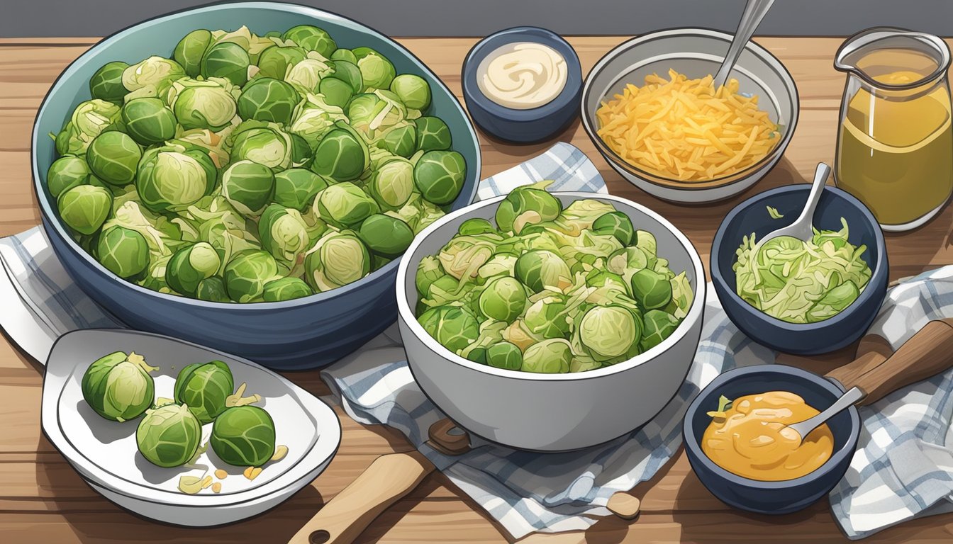 A colorful bowl of shredded Brussels sprouts topped with a drizzle of maple dressing, surrounded by various ingredients and utensils for preparation