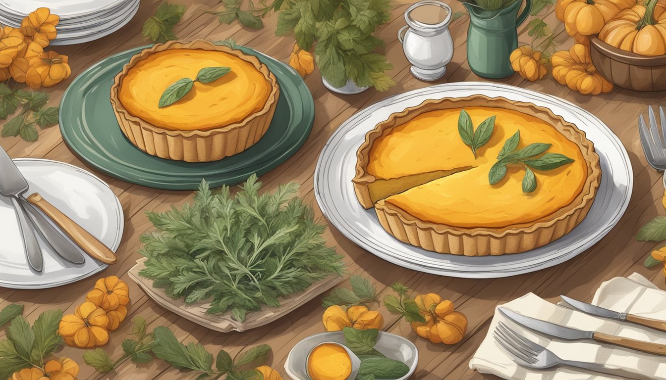 A rustic kitchen table set with a golden Butternut Squash and Sage Quiche surrounded by fresh herbs and autumnal decor