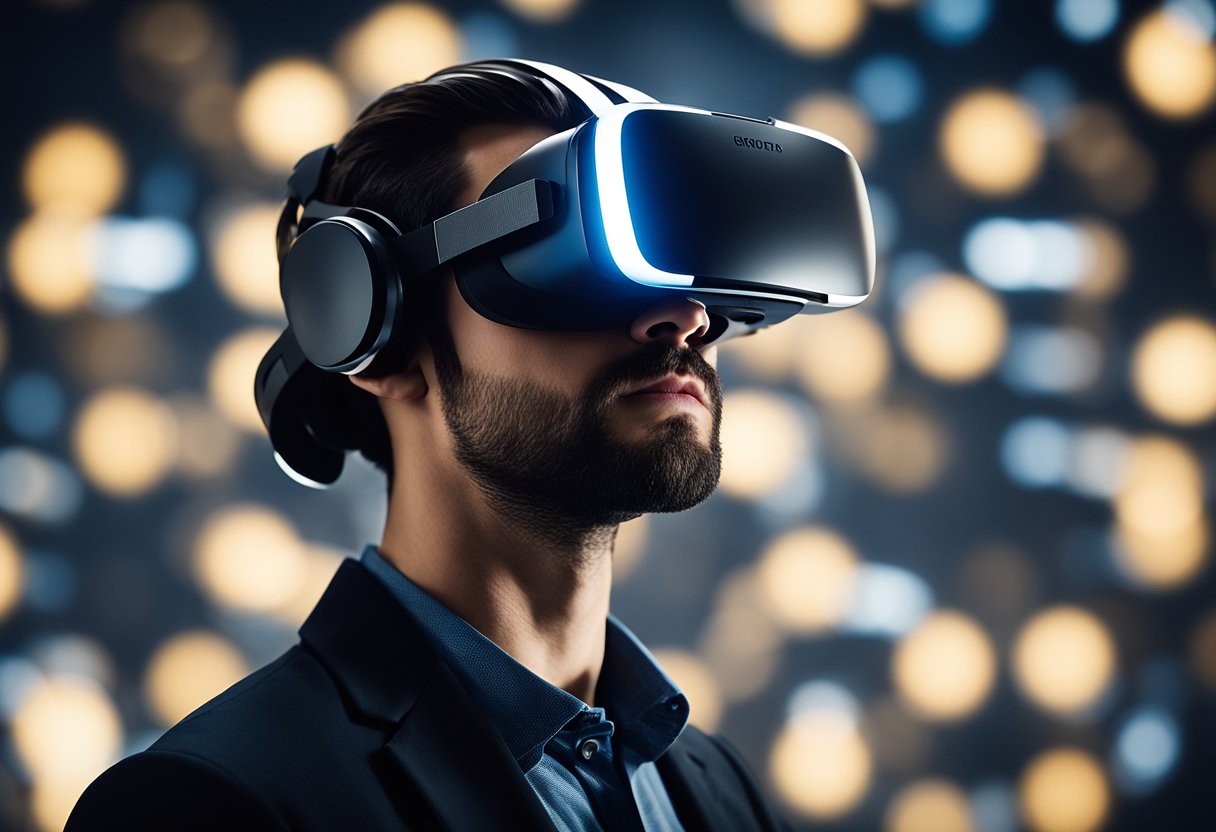 Uma pessoa usando um headset de VR enquanto interage com objetos virtuais em um ambiente simulado, com elementos de AR sobrepondo informações a objetos do mundo real.