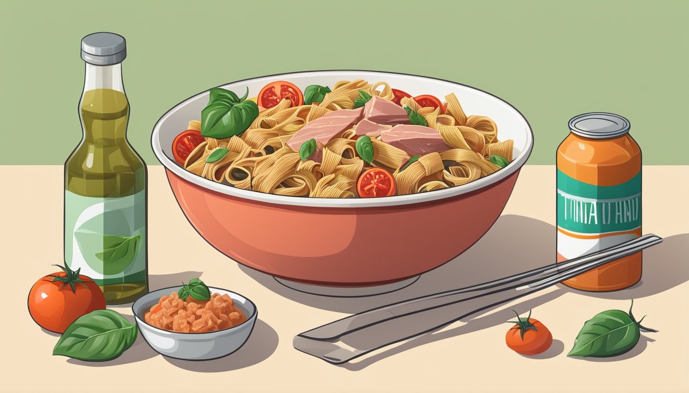 A colorful bowl of tuna tomato basil pasta surrounded by canned tuna and other ingredients on a kitchen counter