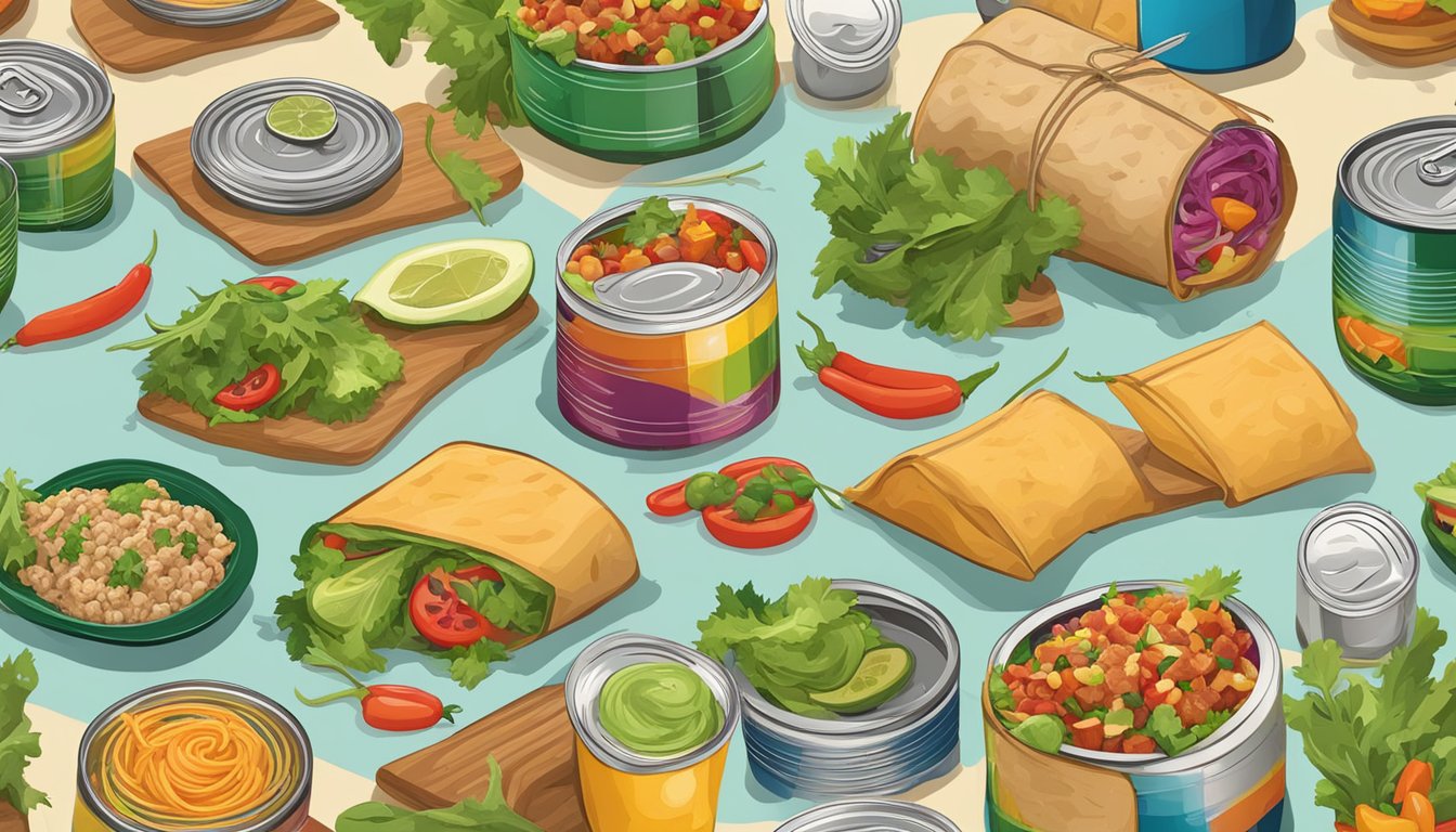 A colorful southwestern tuna wrap surrounded by fresh ingredients and canned tuna cans