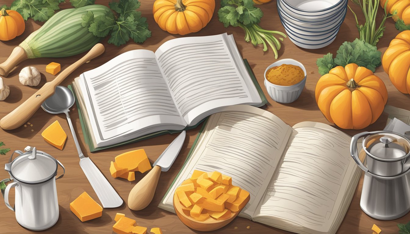 A kitchen counter with a variety of cooking utensils, a fresh butternut squash, and a stack of recipe books open to pages featuring butternut squash recipes