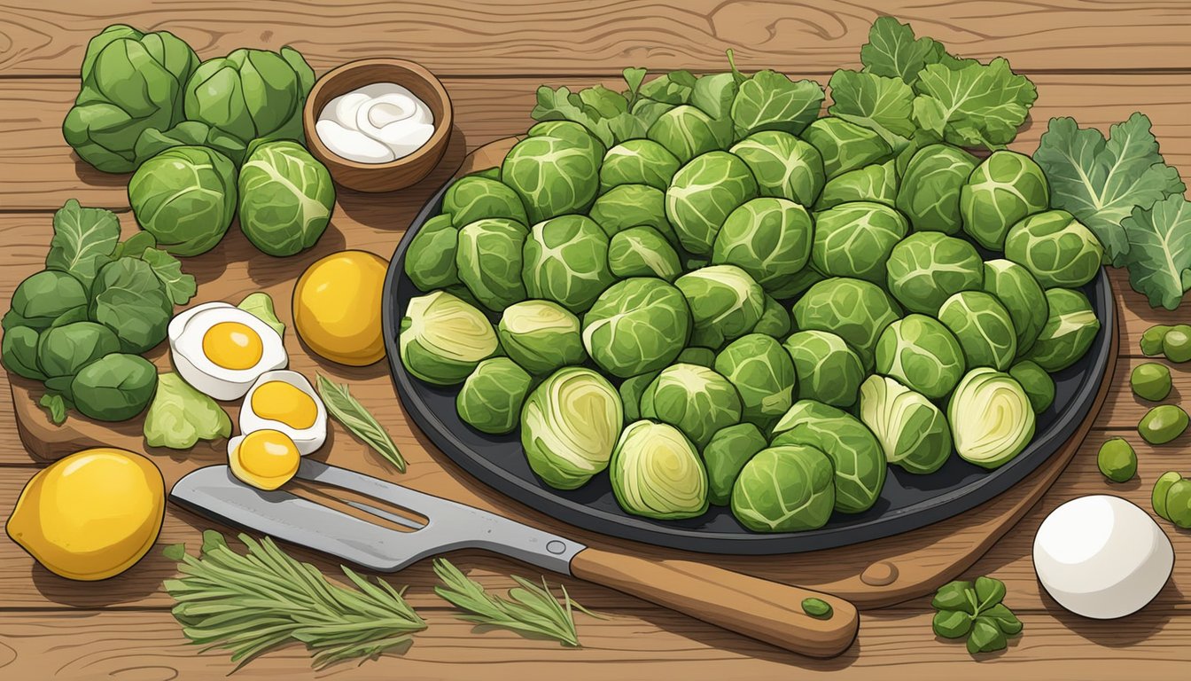 A colorful array of Brussels sprouts, eggs, and various herbs and spices arranged on a wooden cutting board, ready to be transformed into a delicious frittata