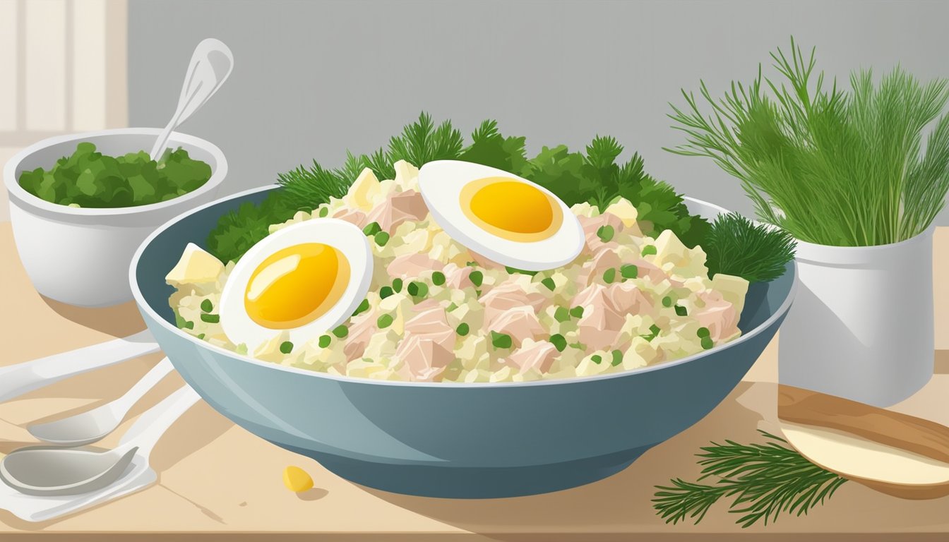 A bowl of tuna and egg salad with dill surrounded by ingredients like canned tuna, eggs, dill, and a mixing spoon on a kitchen counter