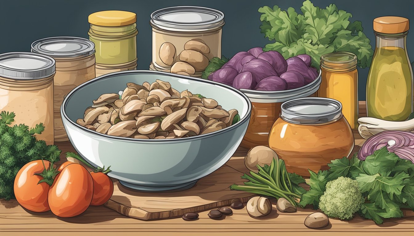 A bowl of canned tuna, mushrooms, and various ingredients arranged on a kitchen counter