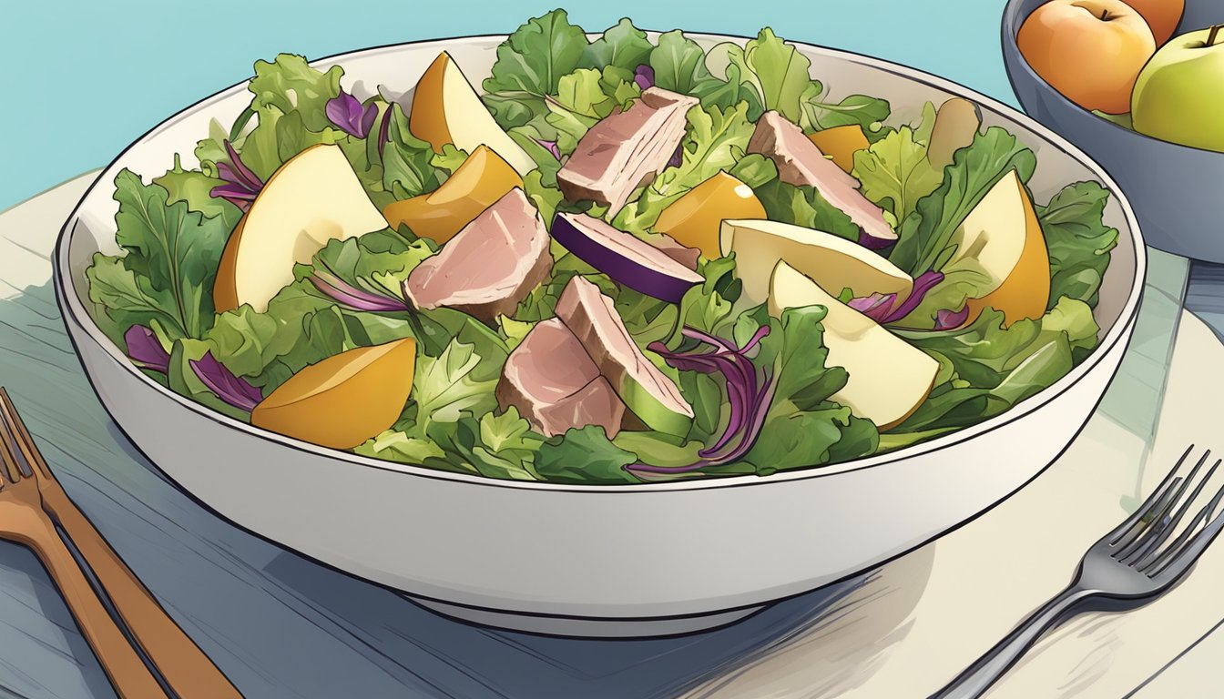 A colorful salad bowl filled with chunks of tuna, sliced apples, mixed greens, and a light vinaigrette dressing