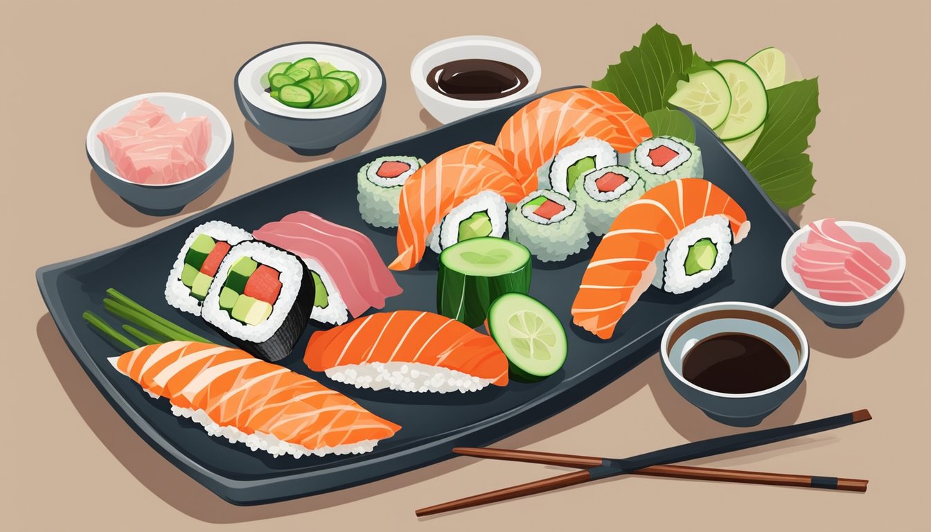 A plate of sushi with tuna and cucumber, surrounded by ingredients and utensils for easy meal preparation