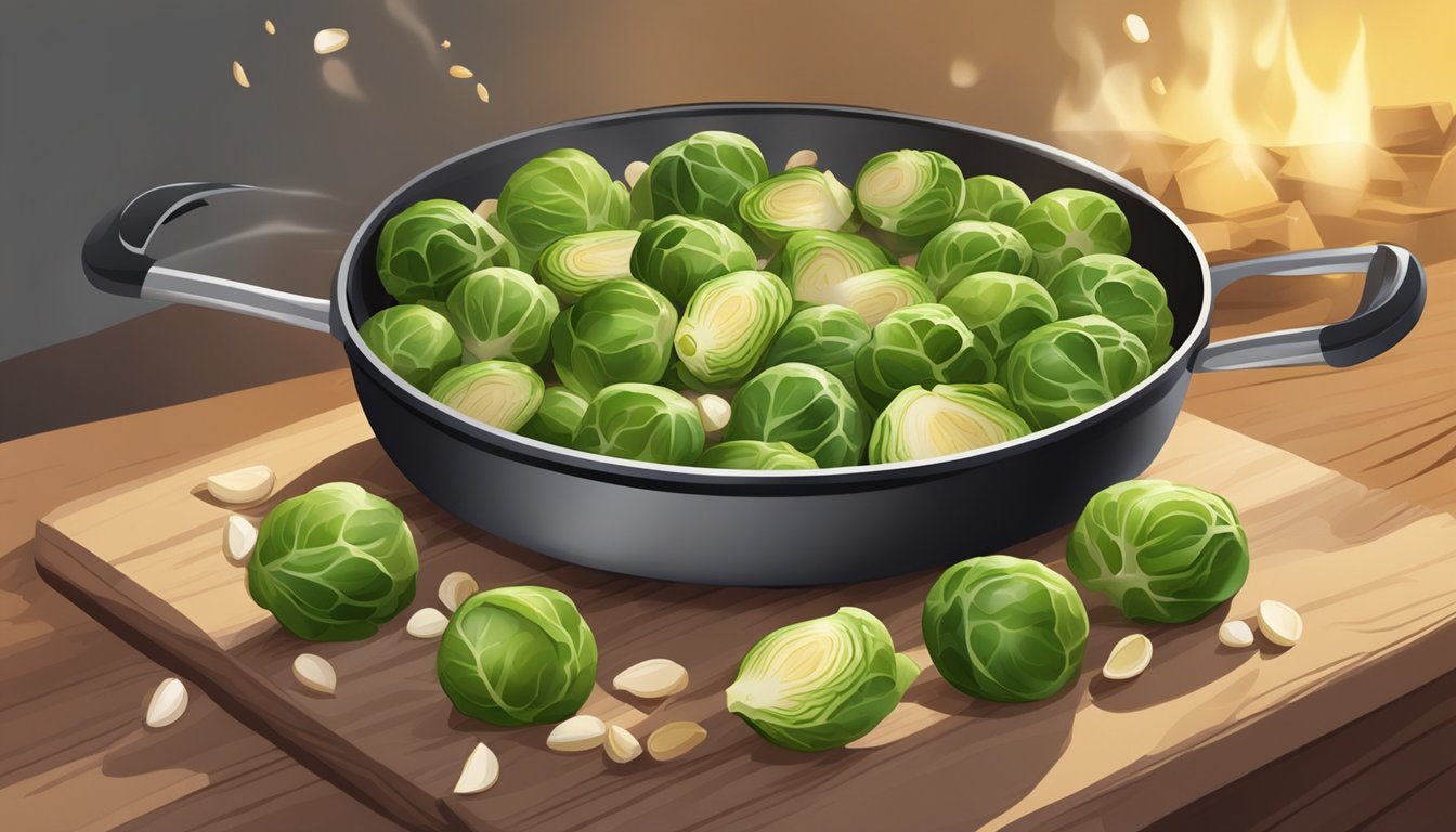 Brussels sprouts sizzling in a pan with almonds and garlic, emitting a savory aroma