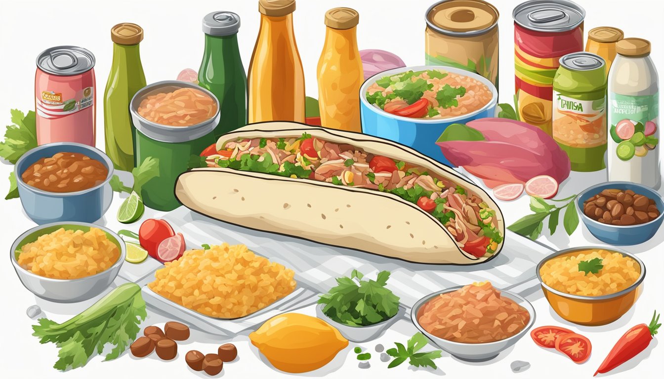 A colorful burrito filled with tuna, rice, and other ingredients, surrounded by various canned tuna and pantry items