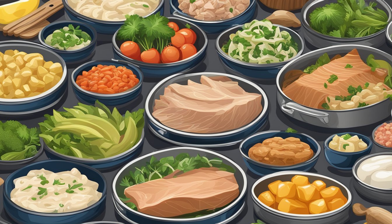 A colorful array of canned tuna dishes surrounded by fresh ingredients and cooking utensils, showcasing the versatility and nutritional benefits of this pantry staple