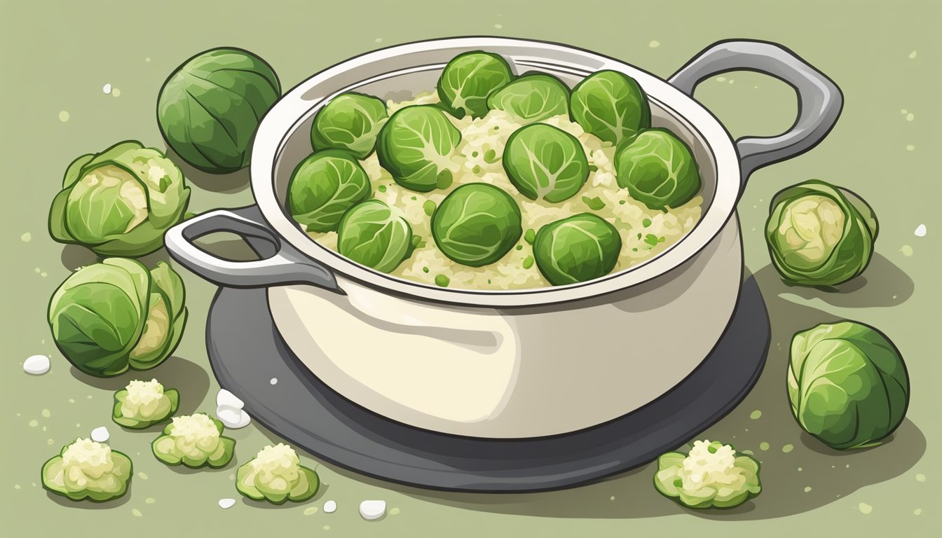 A steaming pot of creamy Brussels sprouts risotto surrounded by vibrant whole and halved Brussels sprouts, with a sprinkle of Parmesan cheese on top