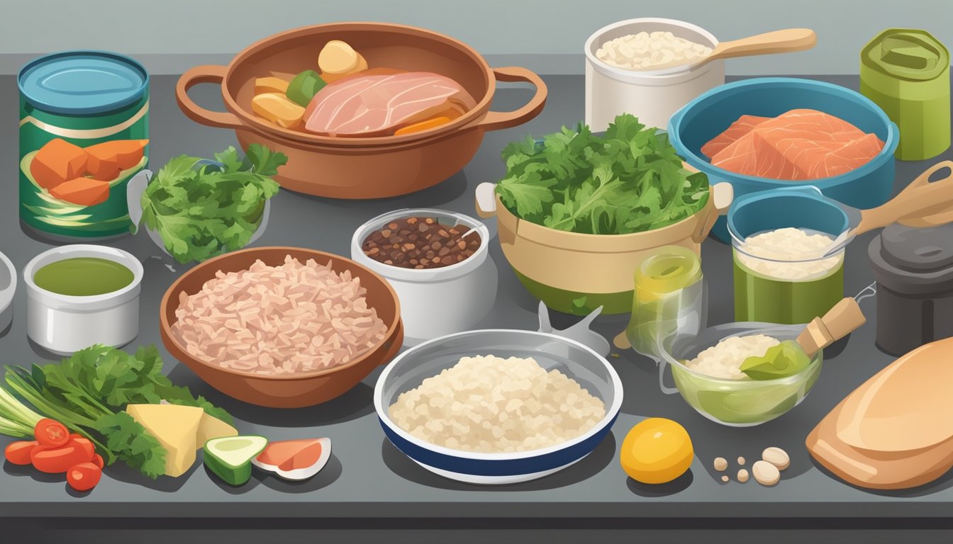 A kitchen counter with open cans of tuna, various ingredients, and cooking utensils laid out for preparing easy meals