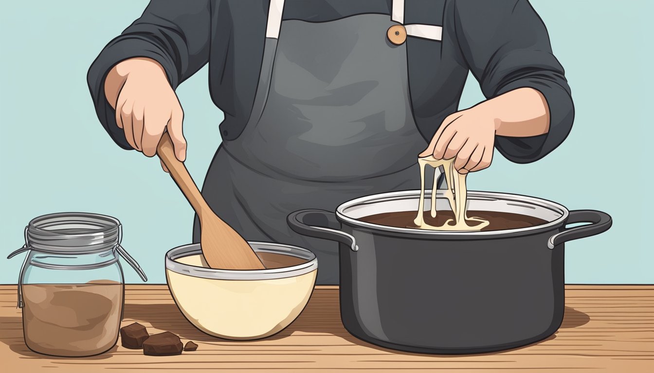 A chef pours melted coconut oil into a pot of dairy-free fudge mixture, stirring it in with a wooden spoon