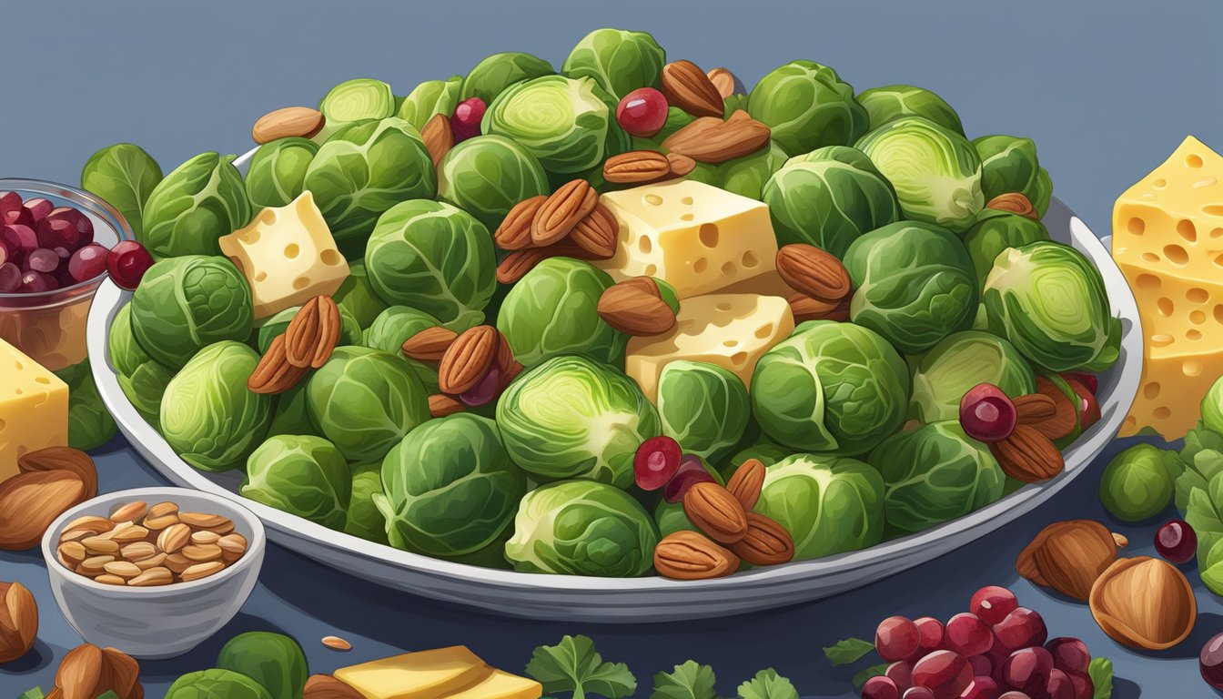 Brussels sprouts surrounded by colorful and diverse ingredients, such as bacon, cranberries, nuts, and cheese, arranged in an artistic and appetizing manner