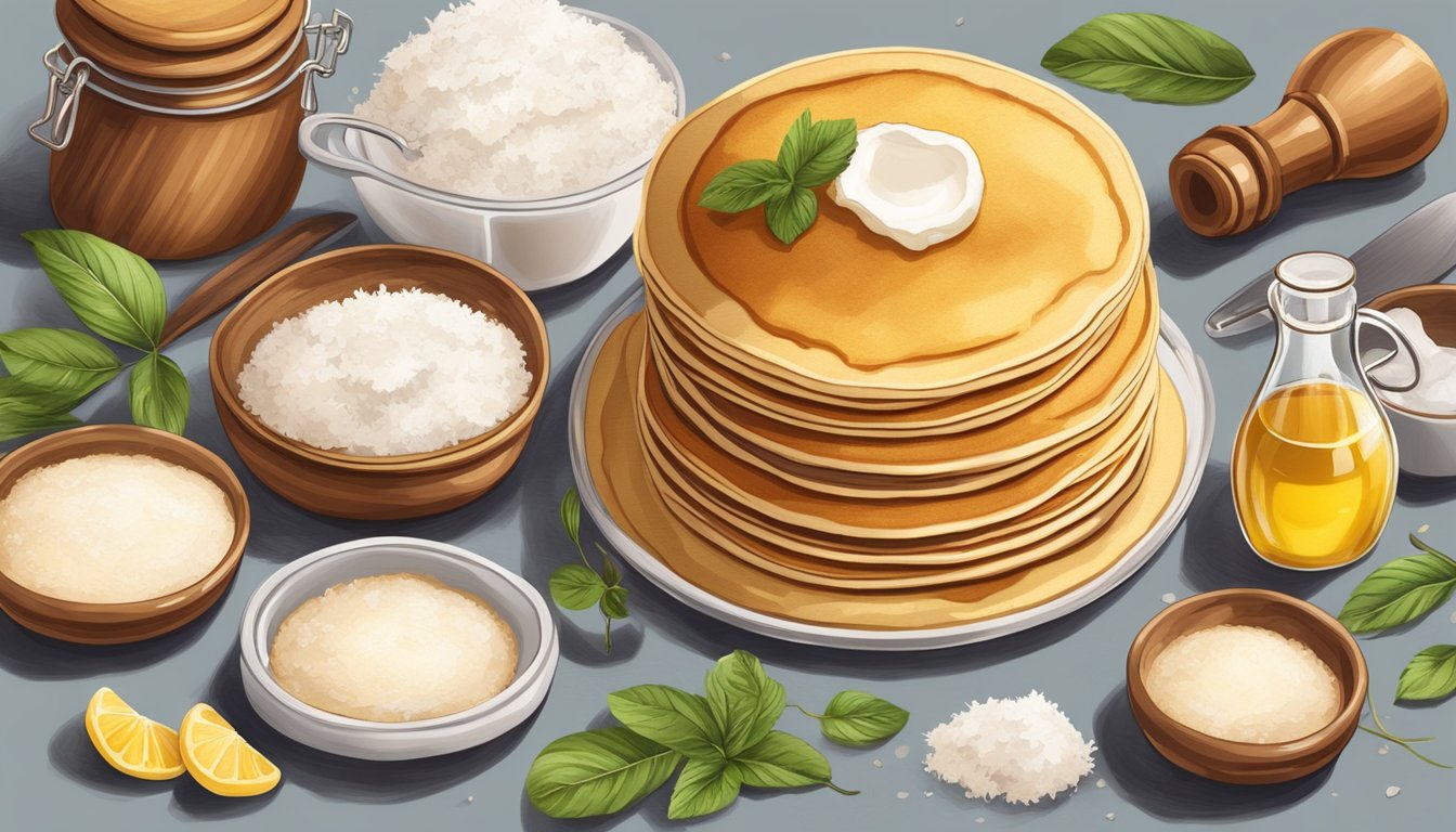 A stack of golden brown pancakes topped with coconut oil, surrounded by various cooking utensils and ingredients