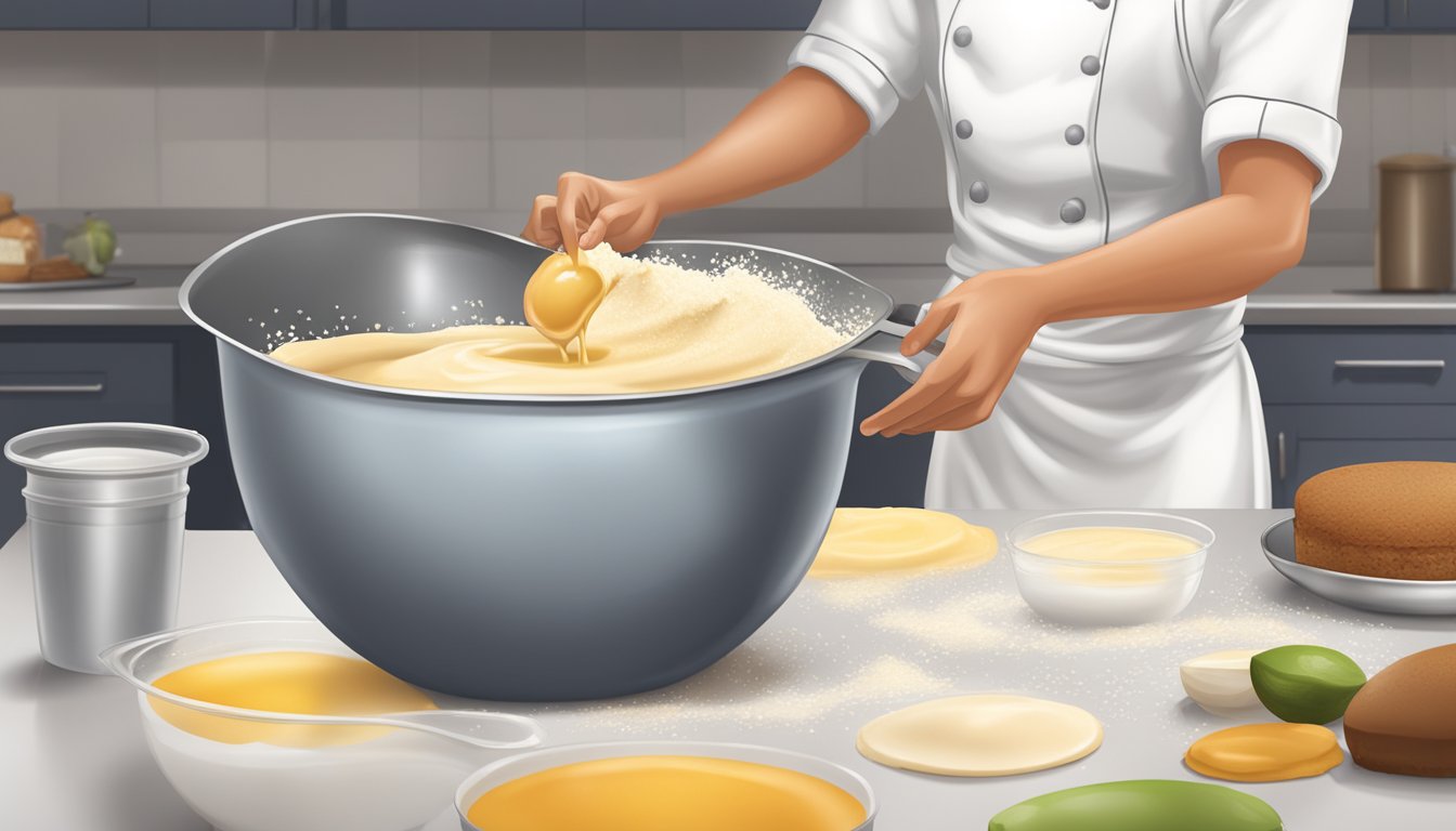 A chef pouring coconut oil into a mixing bowl of cake batter