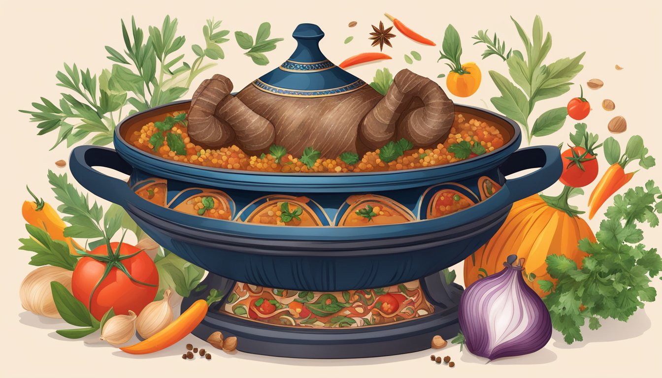 A steaming tagine pot filled with aromatic cardamom-spiced lamb, surrounded by vibrant ingredients like tomatoes, onions, and fragrant spices