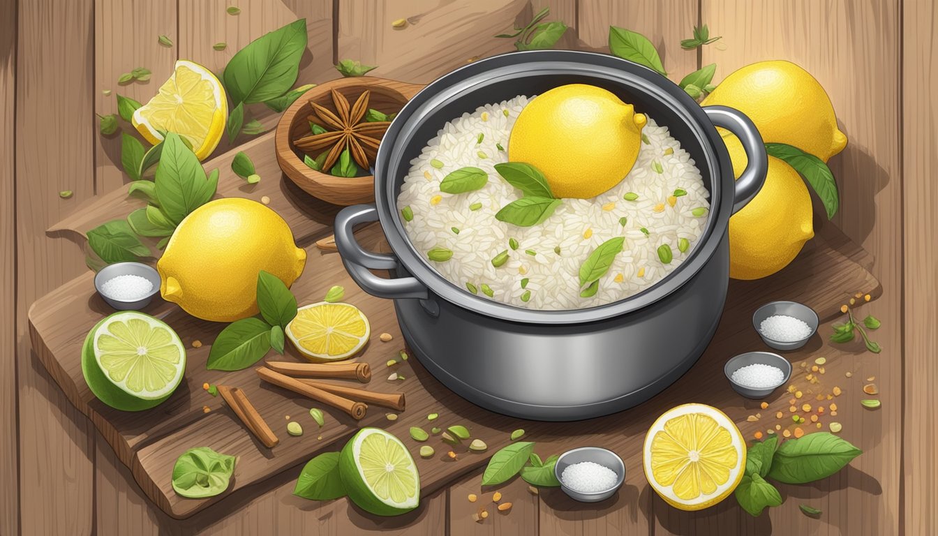 A steaming pot of fragrant cardamom-infused lemon rice on a rustic wooden table, surrounded by vibrant spices and fresh citrus fruits