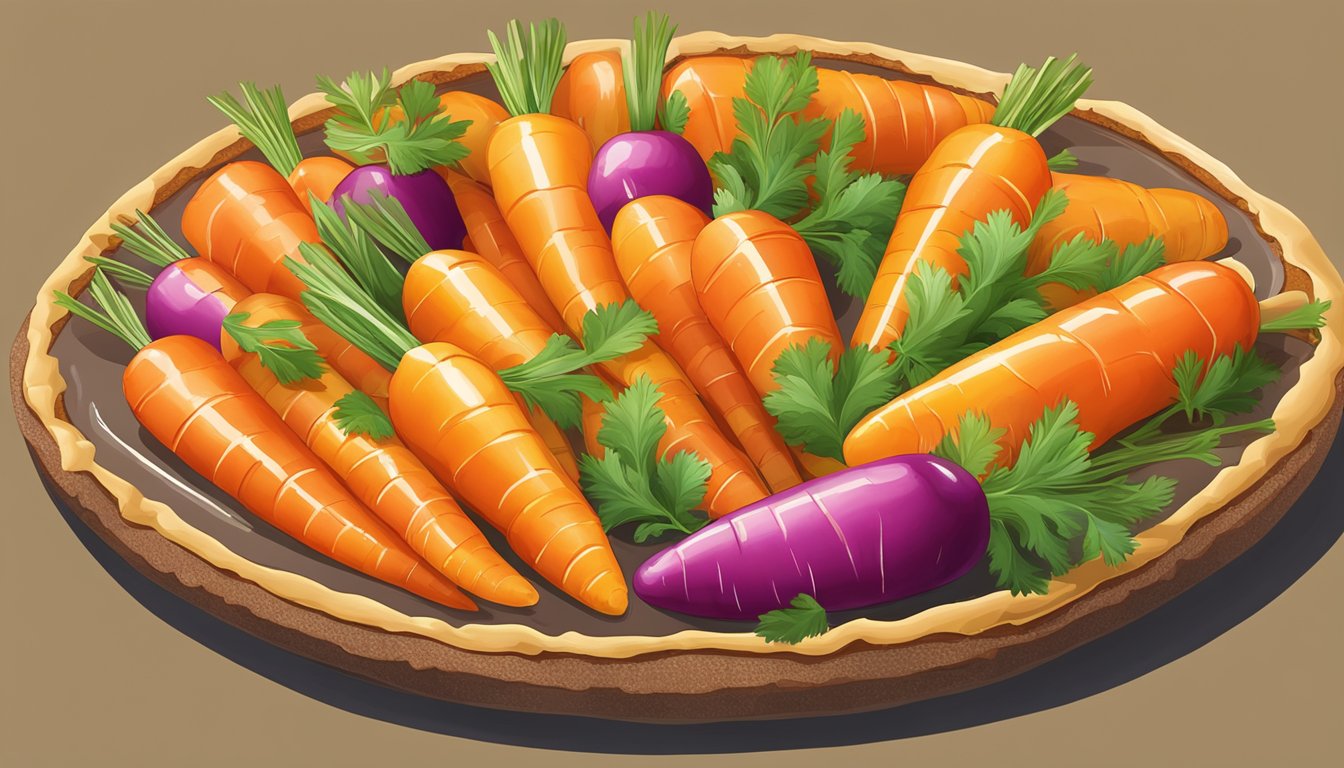 A colorful array of glazed carrots arranged in a circular pattern on a golden-brown tarte tatin, set against a rustic backdrop