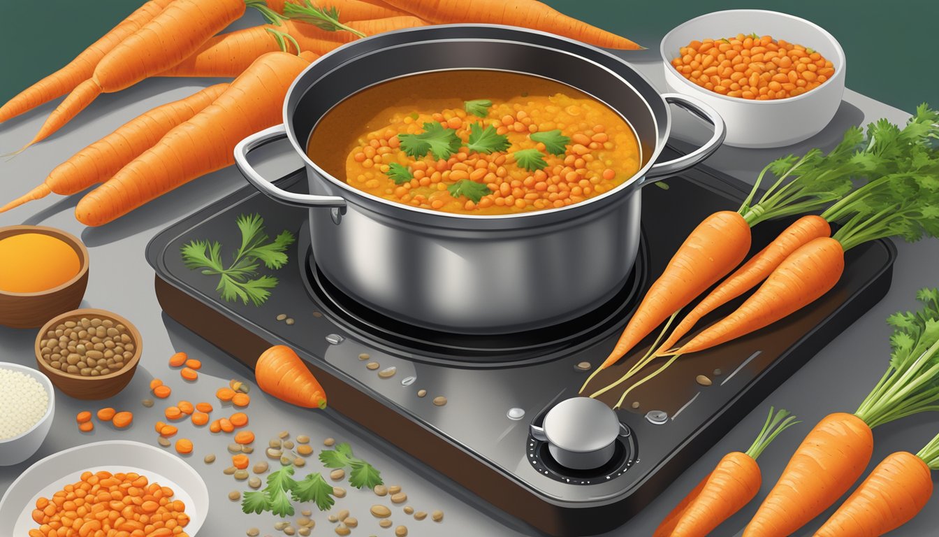 A steaming pot of carrot and lentil curry simmers on a stovetop, surrounded by vibrant orange carrots and earthy lentils