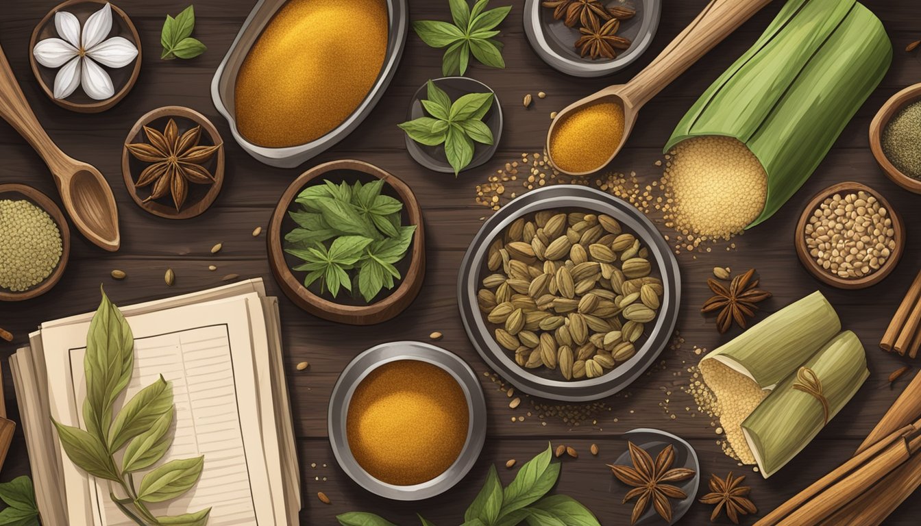 A rustic kitchen table with an assortment of spices, herbs, and recipe books spread out, with a focus on cardamom pods and ground cardamom