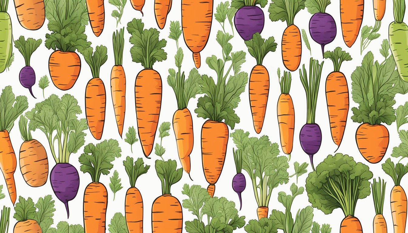 A colorful array of carrots in various shapes and sizes, surrounded by an assortment of vibrant vegetables and herbs