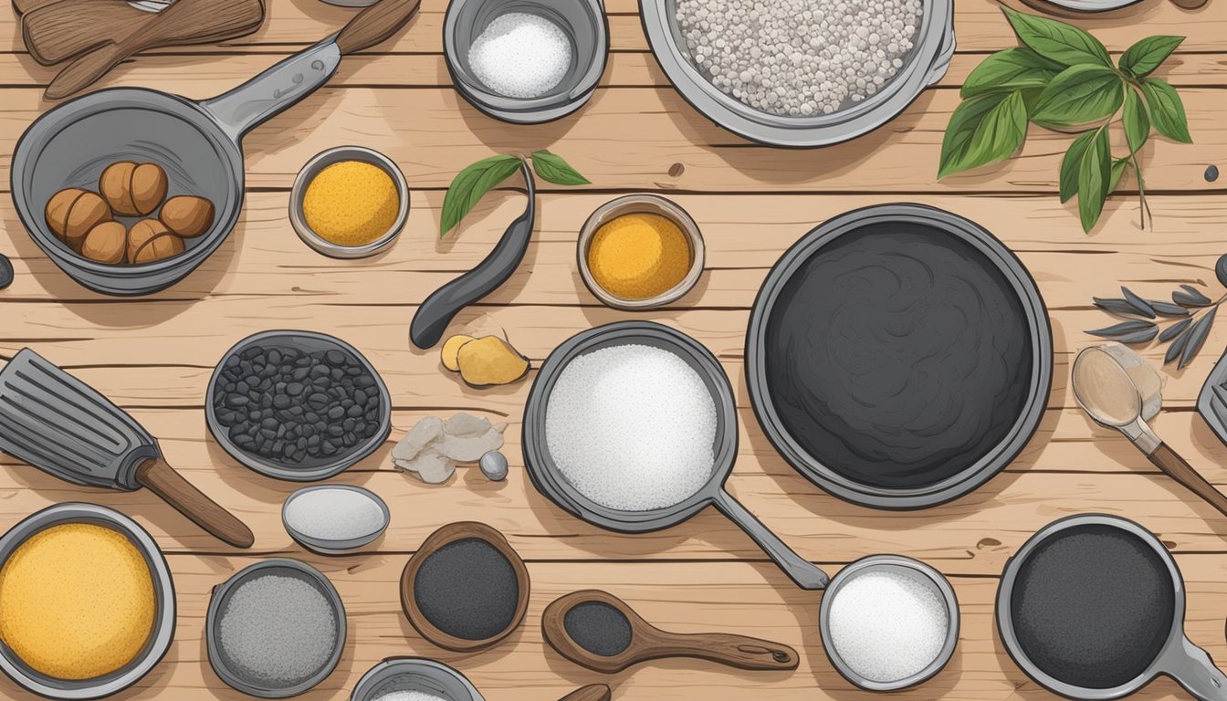 A rustic kitchen scene with various ingredients and tools laid out on a wooden table, including activated charcoal, flour, and other baking items