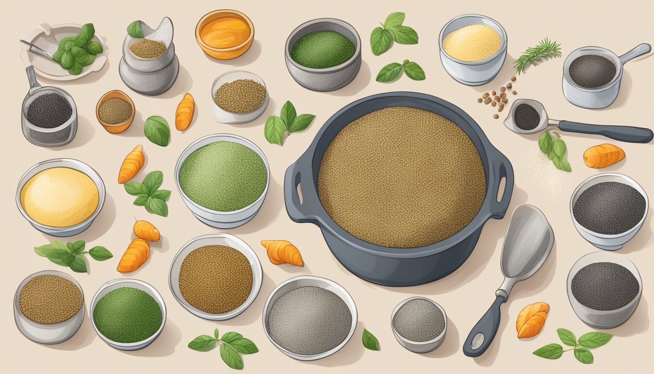 A chia seed crust being baked in various shapes and sizes, surrounded by an assortment of ingredients and kitchen utensils for different innovative recipes