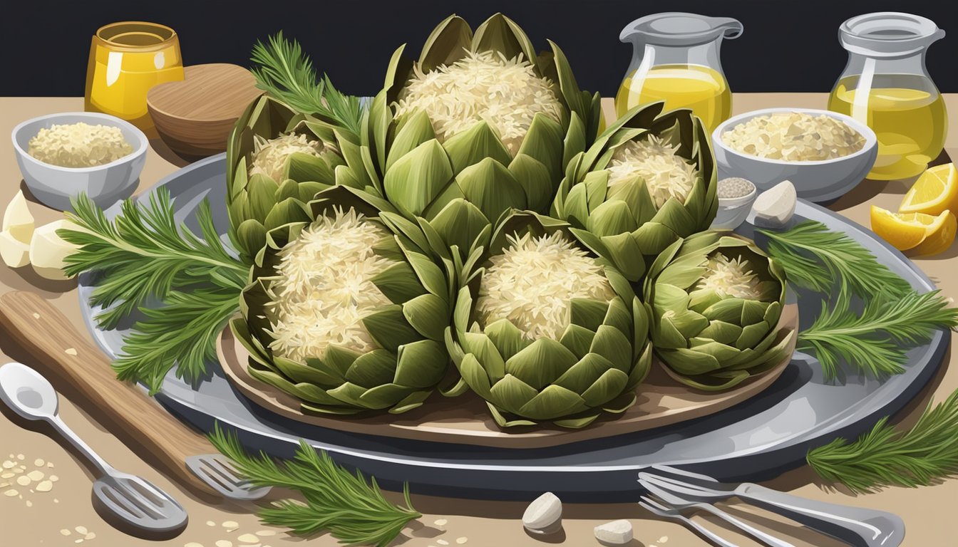 A table set with a platter of stuffed artichokes, sprinkled with Parmesan cheese, surrounded by various ingredients and cooking utensils