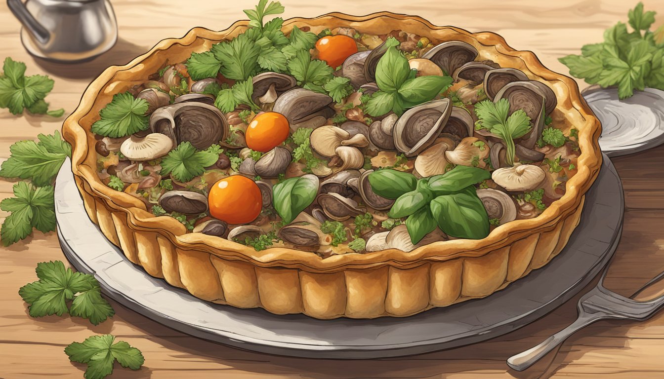 A rustic mushroom tart sits on a wooden table, surrounded by fresh herbs and ingredients. The golden crust is topped with a medley of savory mushrooms, creating a mouthwatering centerpiece