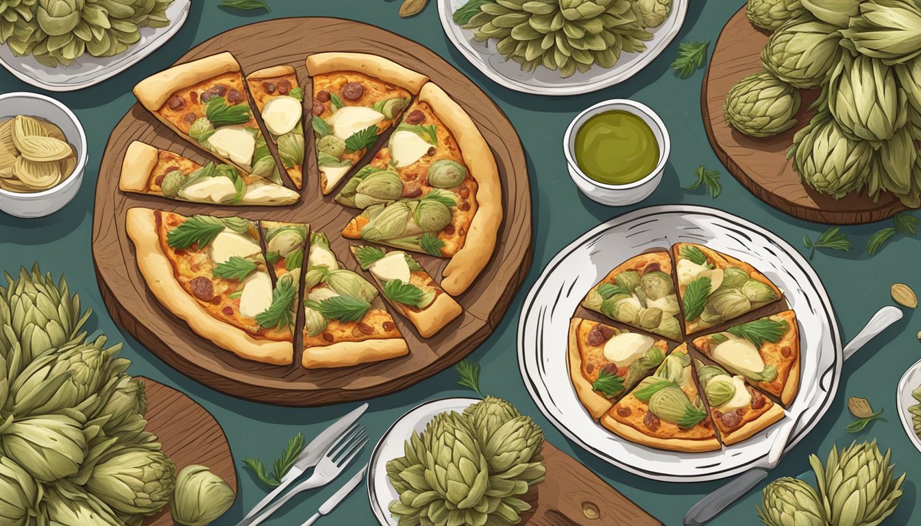 A rustic wooden table set with a freshly baked artichoke heart pizza surrounded by various artichoke dishes