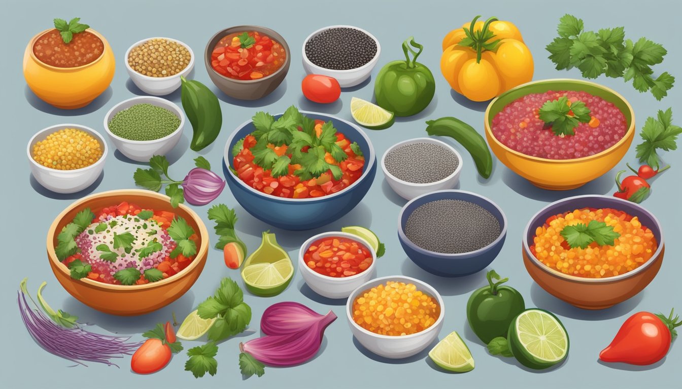 A vibrant bowl of salsa with chia seeds sprinkled on top, surrounded by various dishes and ingredients for creative use