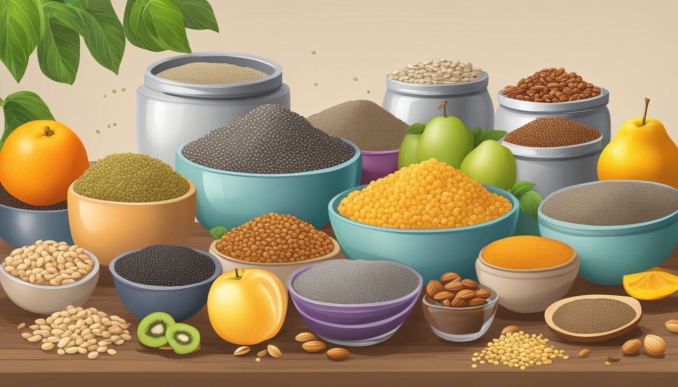 A colorful array of chia seeds, surrounded by various fruits, nuts, and other ingredients, with a chart displaying the nutritional profile in the background