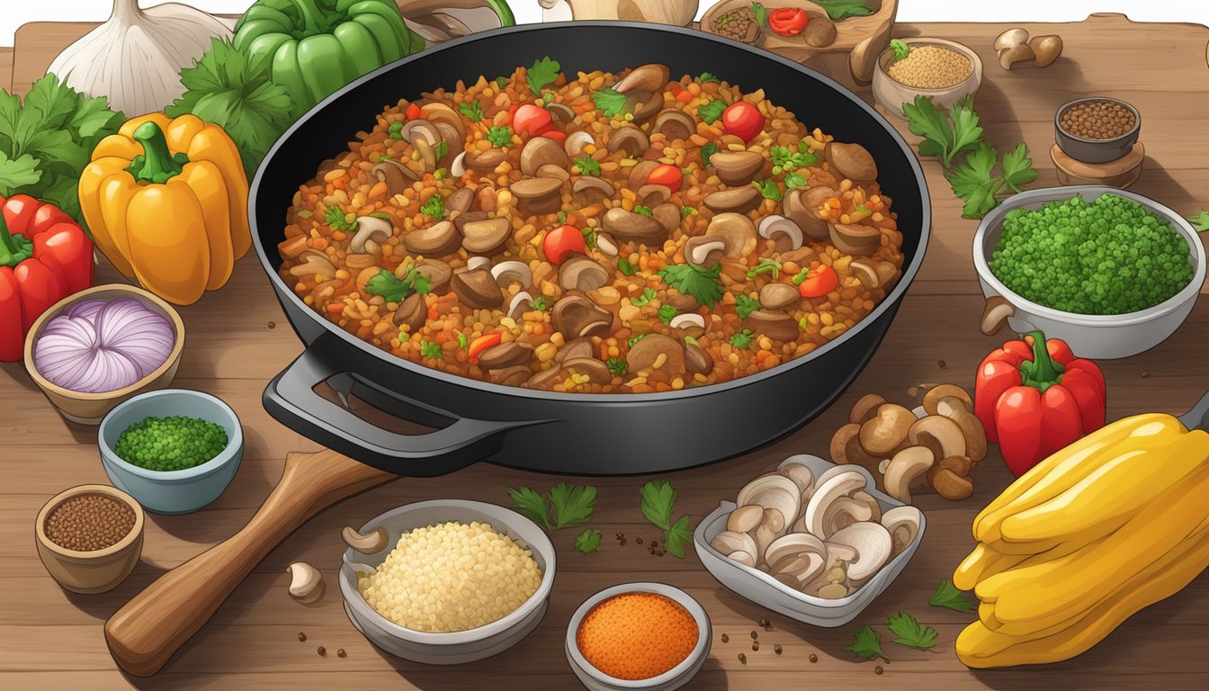 A colorful skillet filled with a bubbling vegetarian mushroom jambalaya, surrounded by an array of fresh mushrooms, bell peppers, onions, and spices