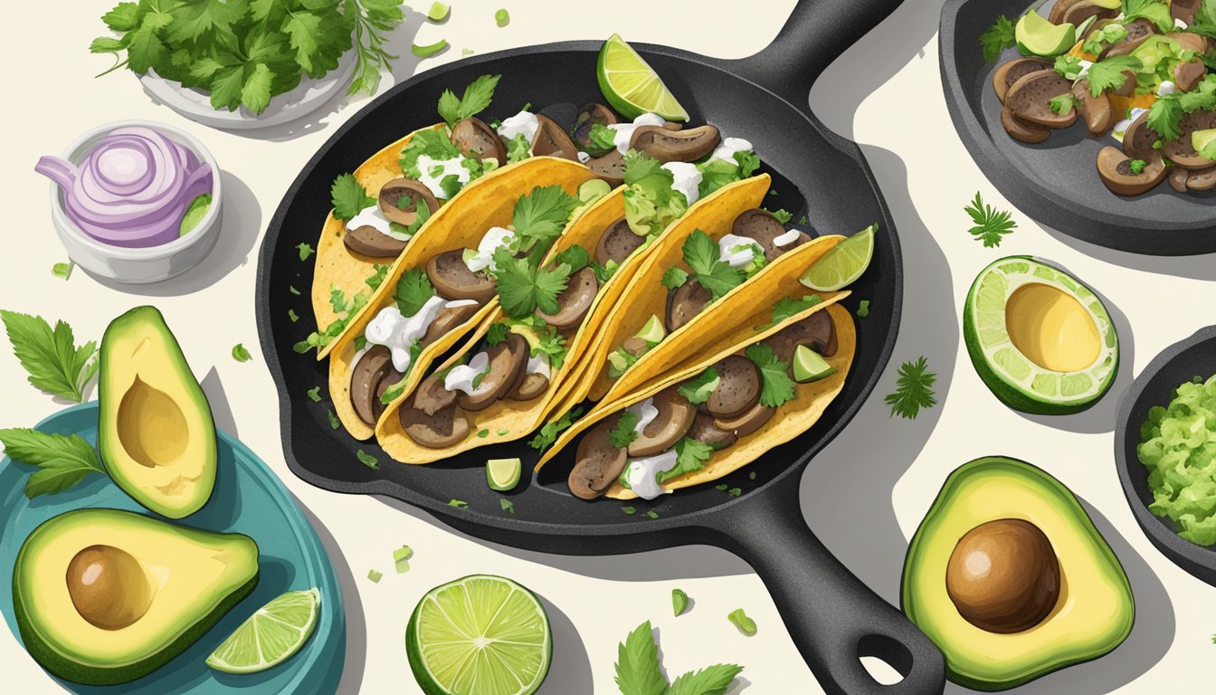 A sizzling skillet of mushroom tacos topped with creamy avocado slices, surrounded by vibrant ingredients and fresh herbs