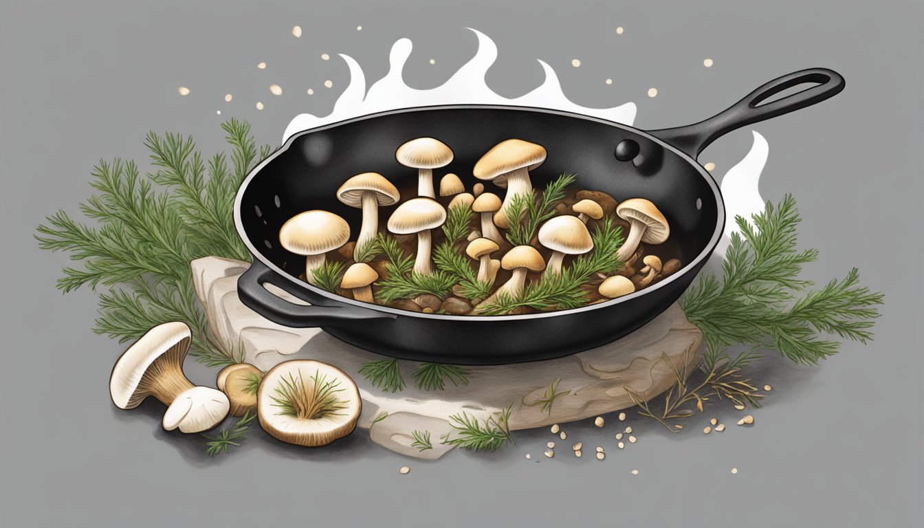 Mushrooms sizzling in a skillet with sprigs of thyme, emitting a savory aroma