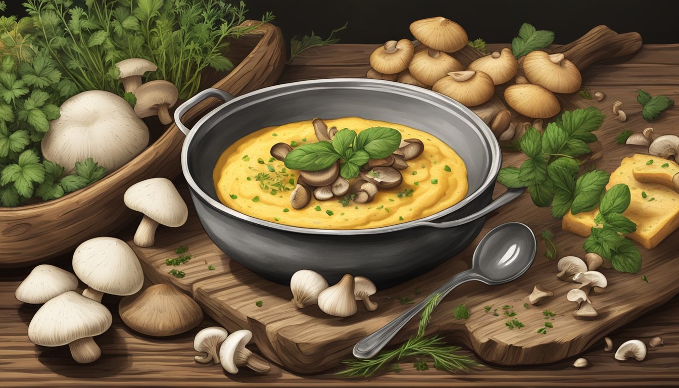 A rustic wooden table set with a steaming bowl of creamy mushroom polenta, surrounded by an assortment of fresh mushrooms and herbs