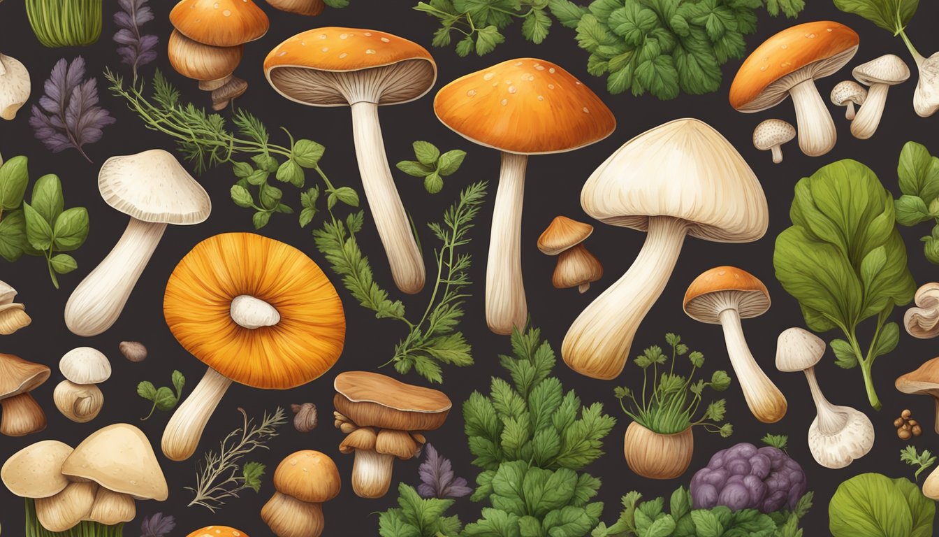 A variety of mushrooms in different shapes, sizes, and colors arranged on a rustic wooden table, surrounded by fresh herbs and vegetables