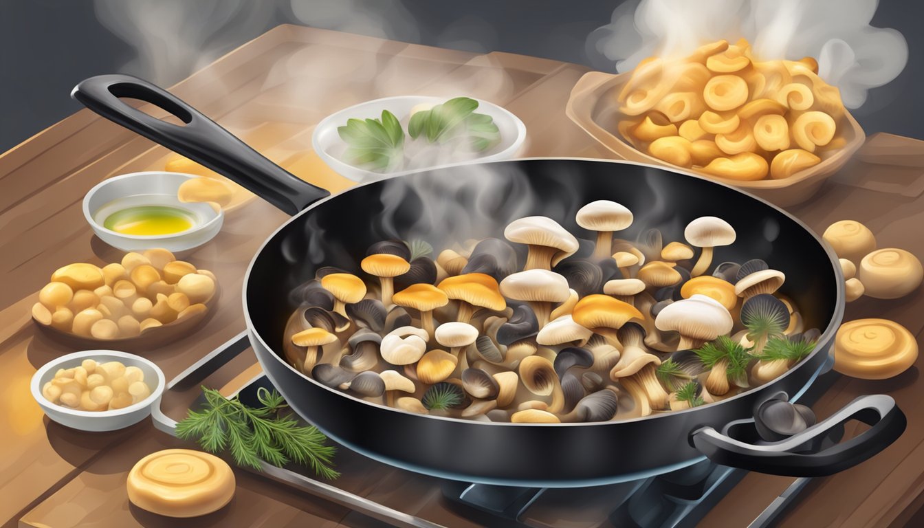 A sizzling skillet of assorted mushrooms being sautéed in olive oil, with steam rising and a fragrant aroma filling the kitchen