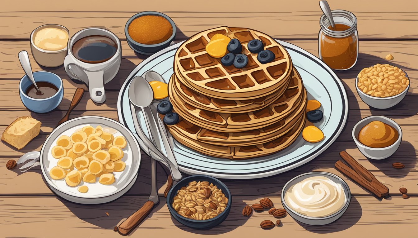 A stack of spiced oat waffles surrounded by various breakfast ingredients and utensils on a rustic wooden table